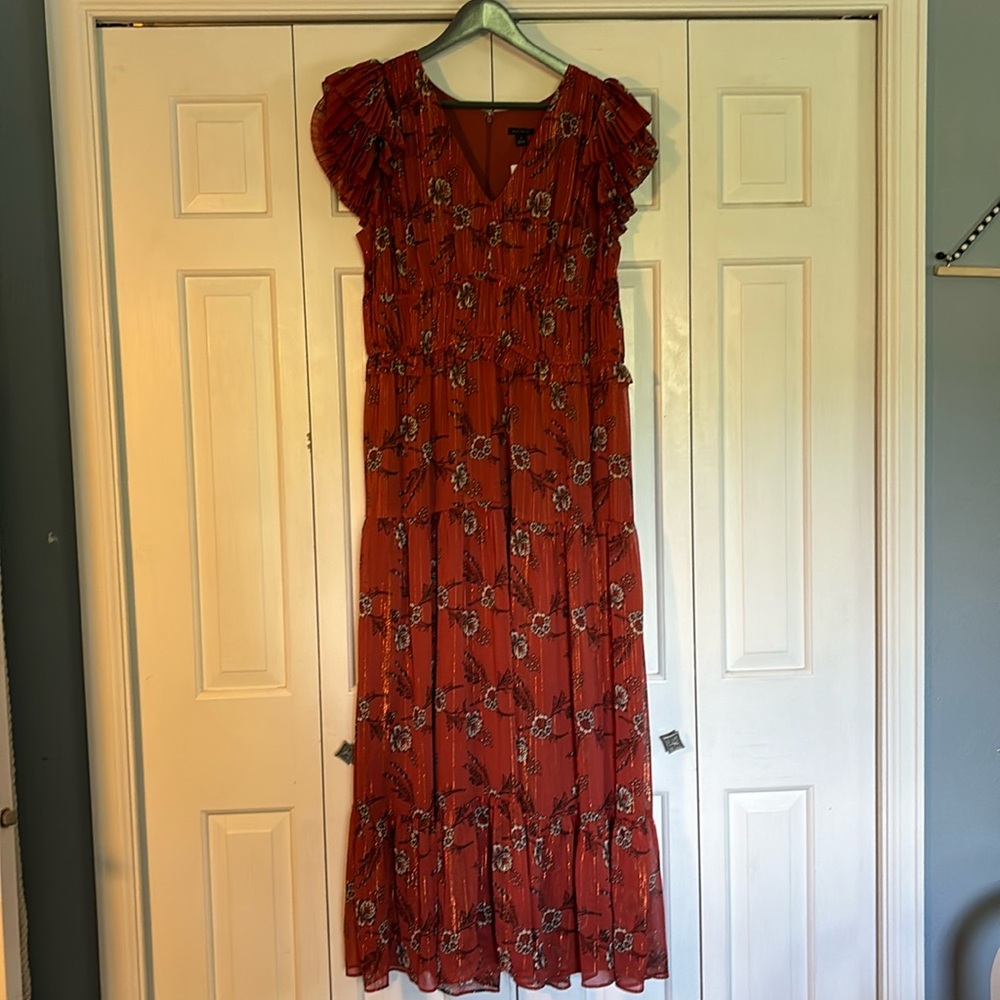 Stunning fall Ann Taylor dress. Burnt orange floral & glistening copper threads.